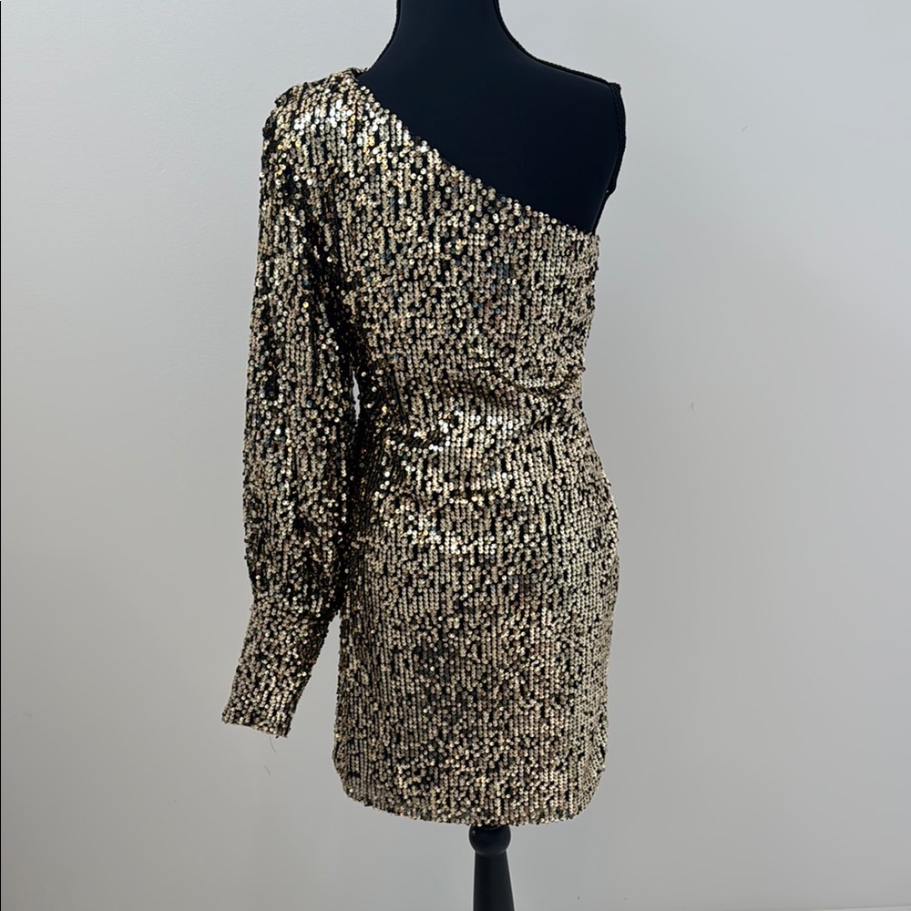 Gold and Black Asymmetrical Sequin Cocktail Dress